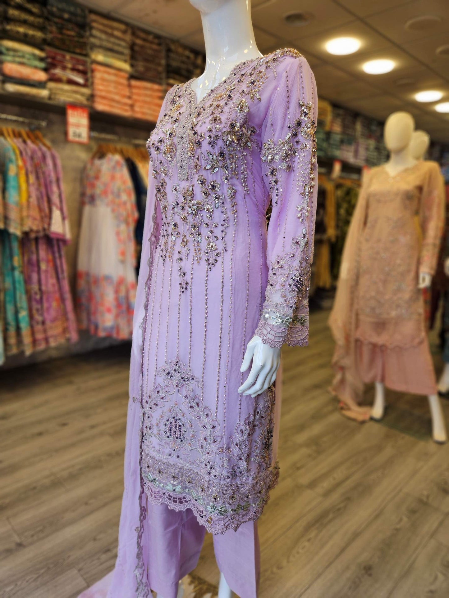 Pale Lilac Colour Hand‑Embellished Chiffon Shalwar Kameez