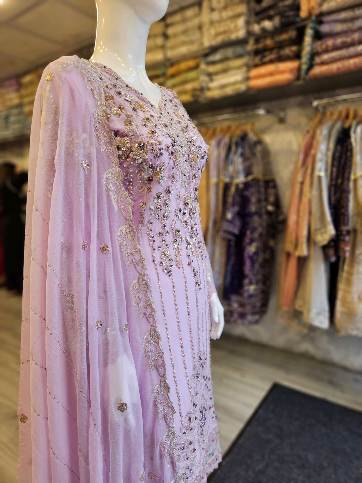 Pale Lilac Colour Hand‑Embellished Chiffon Shalwar Kameez