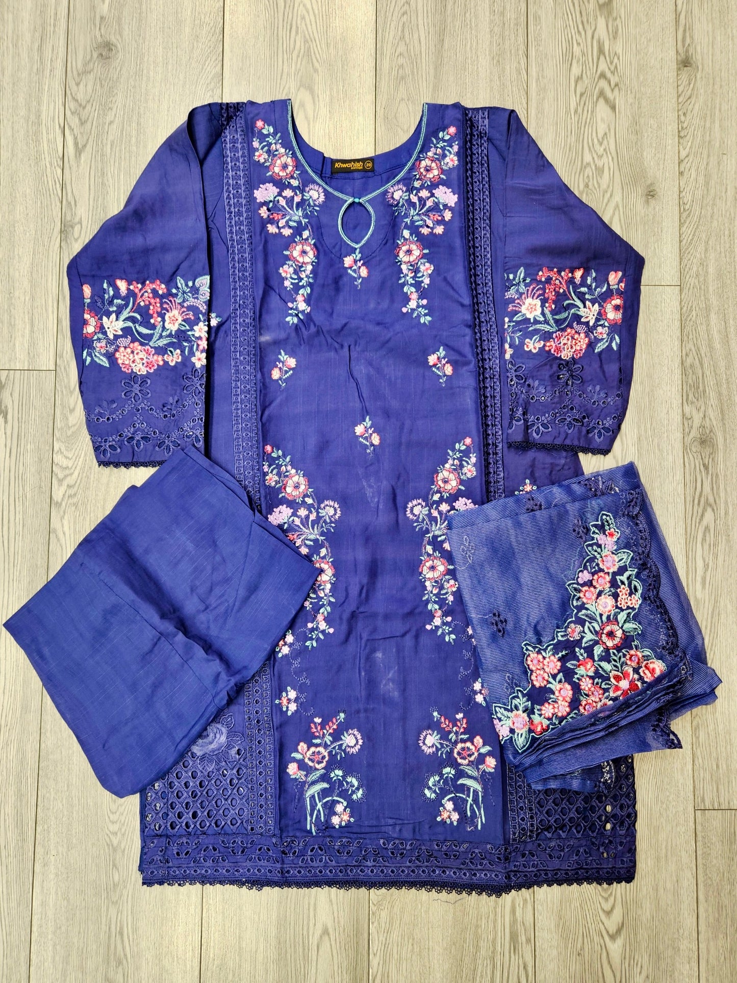 MB deep indigo and candy red laser-cut embroidered cotton shalwar kameez