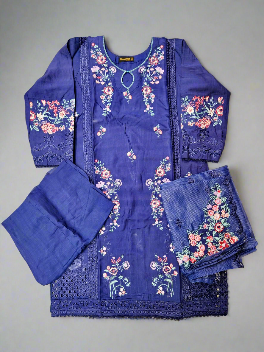 MB deep indigo and candy red laser-cut embroidered cotton shalwar kameez
