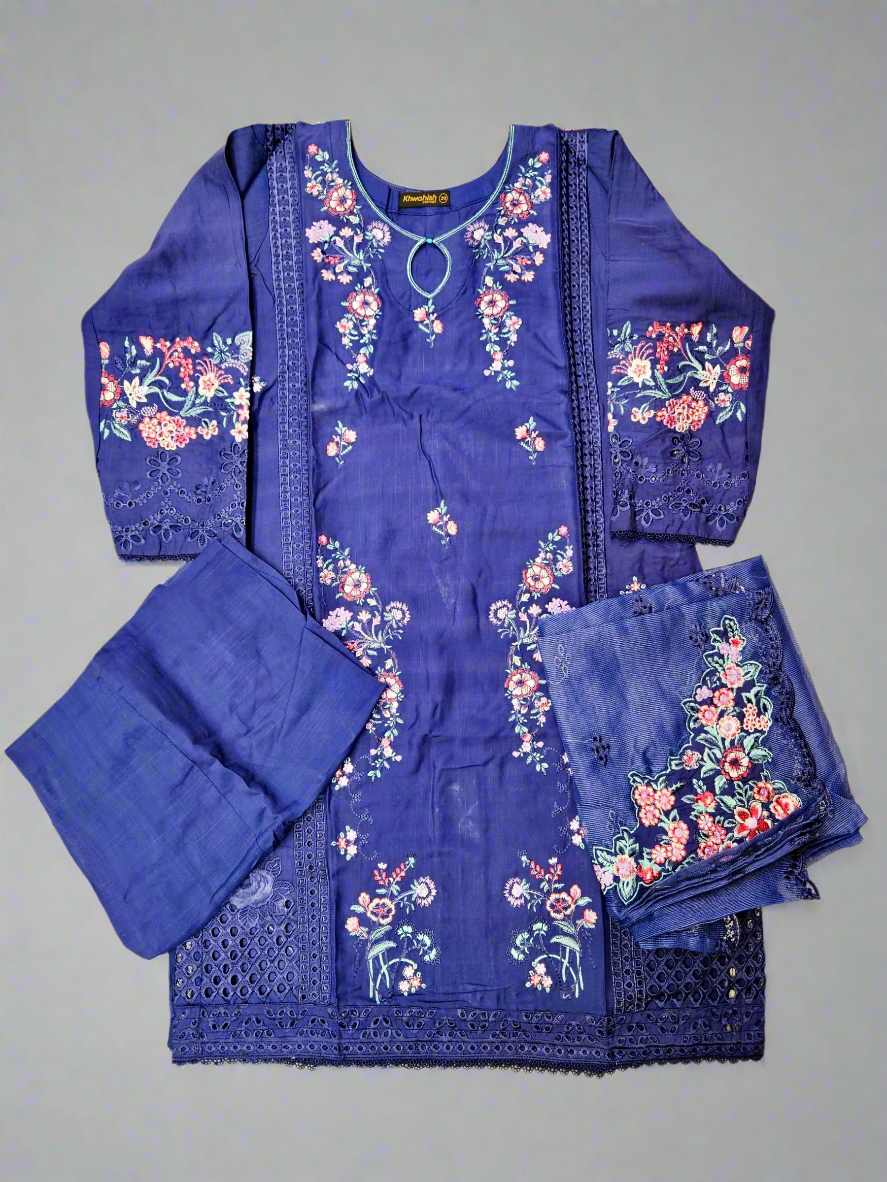 MB deep indigo and candy red laser-cut embroidered cotton shalwar kameez