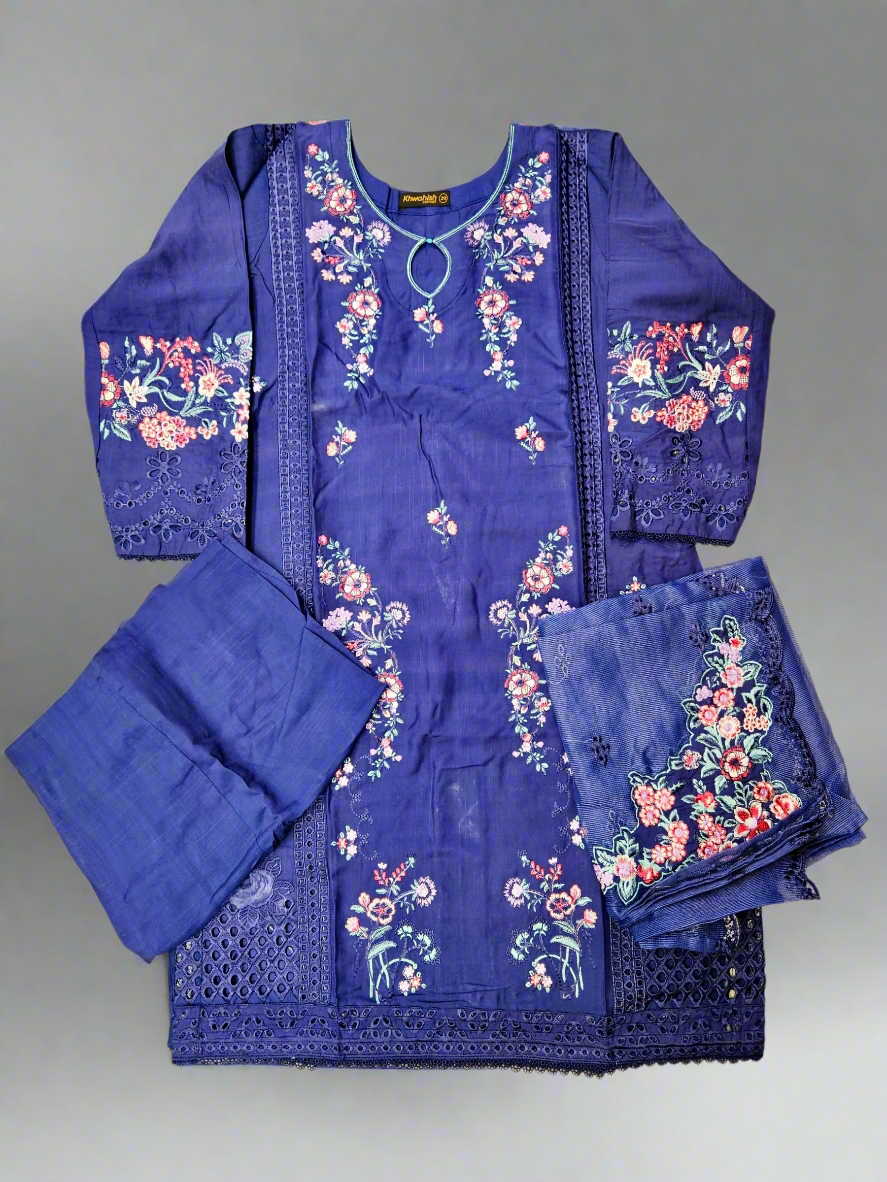 MB deep indigo and candy red laser-cut embroidered cotton shalwar kameez