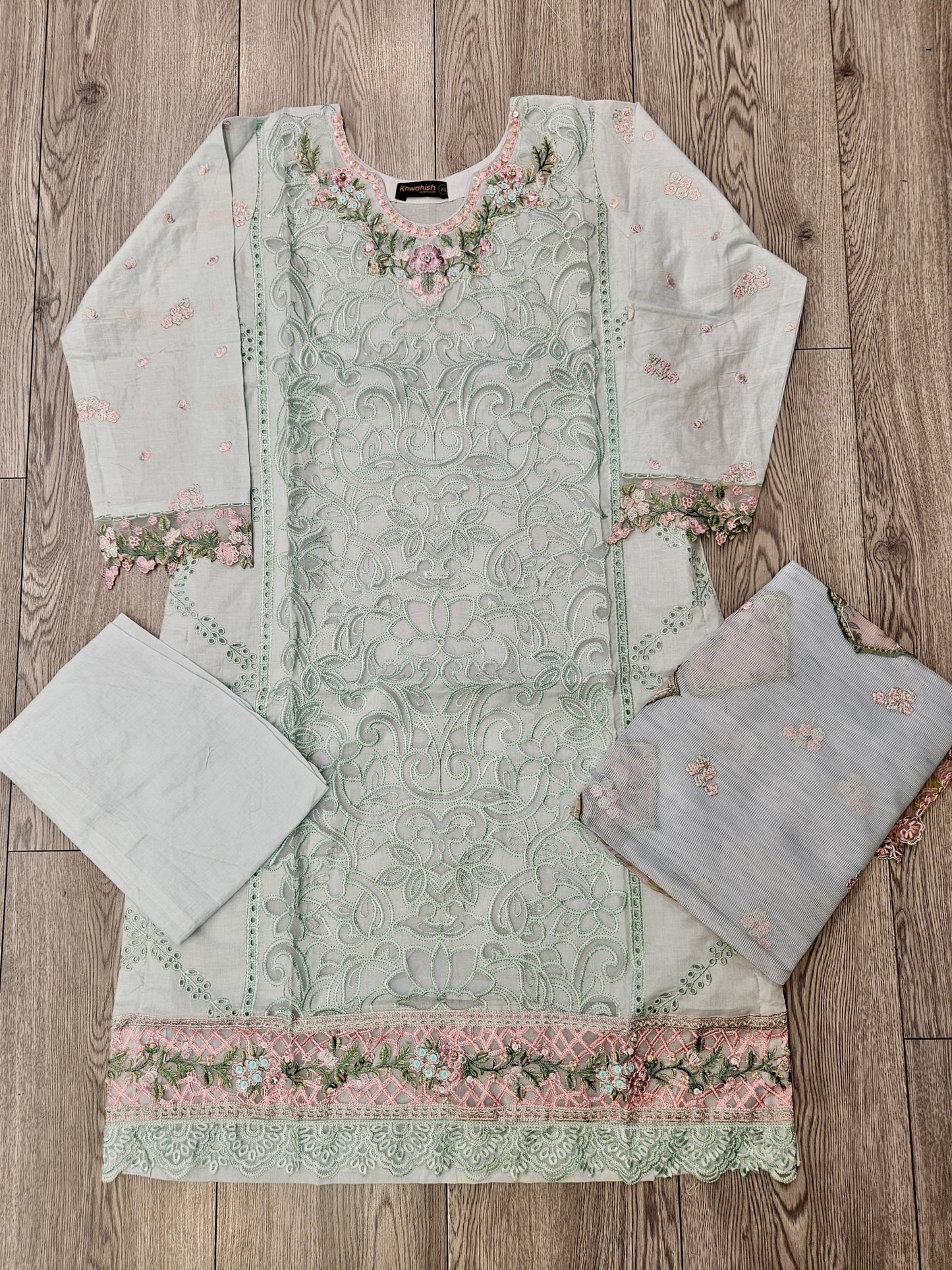 BRQ robin egg blue and salmon pink laser-cut chikan embroidery cotton shalwar kameez