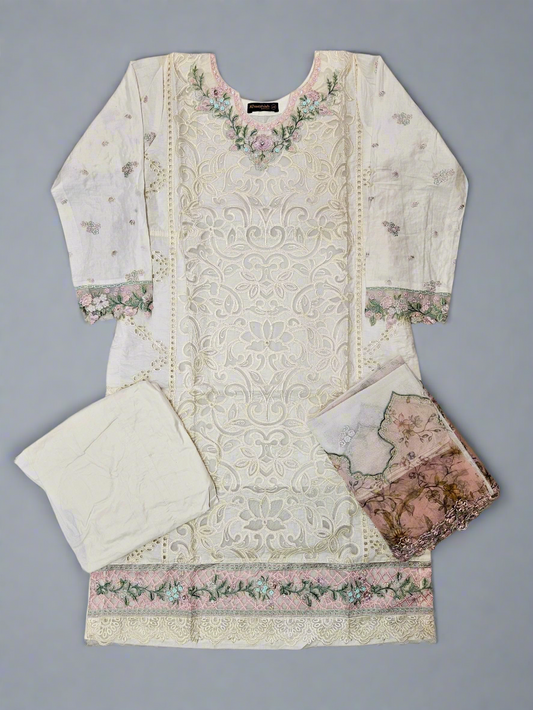 BRQ white and salmon pink laser-cut chikan embroidery cotton shalwar kameez