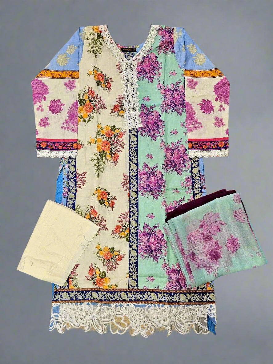 SS cream white and seafoam green colour floral print cotton shalwar kameez