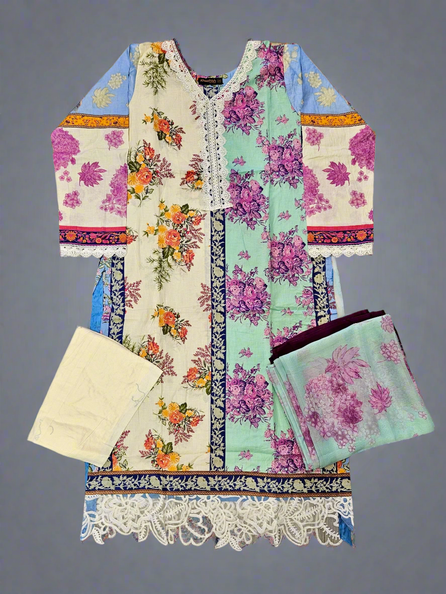 SS cream white and seafoam green colour floral print cotton shalwar kameez