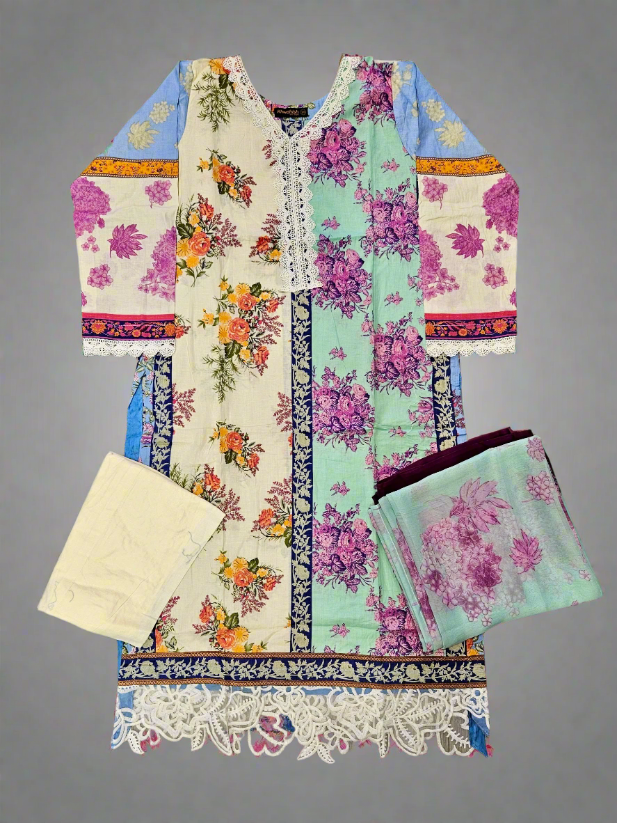 SS cream white and seafoam green colour floral print cotton shalwar kameez