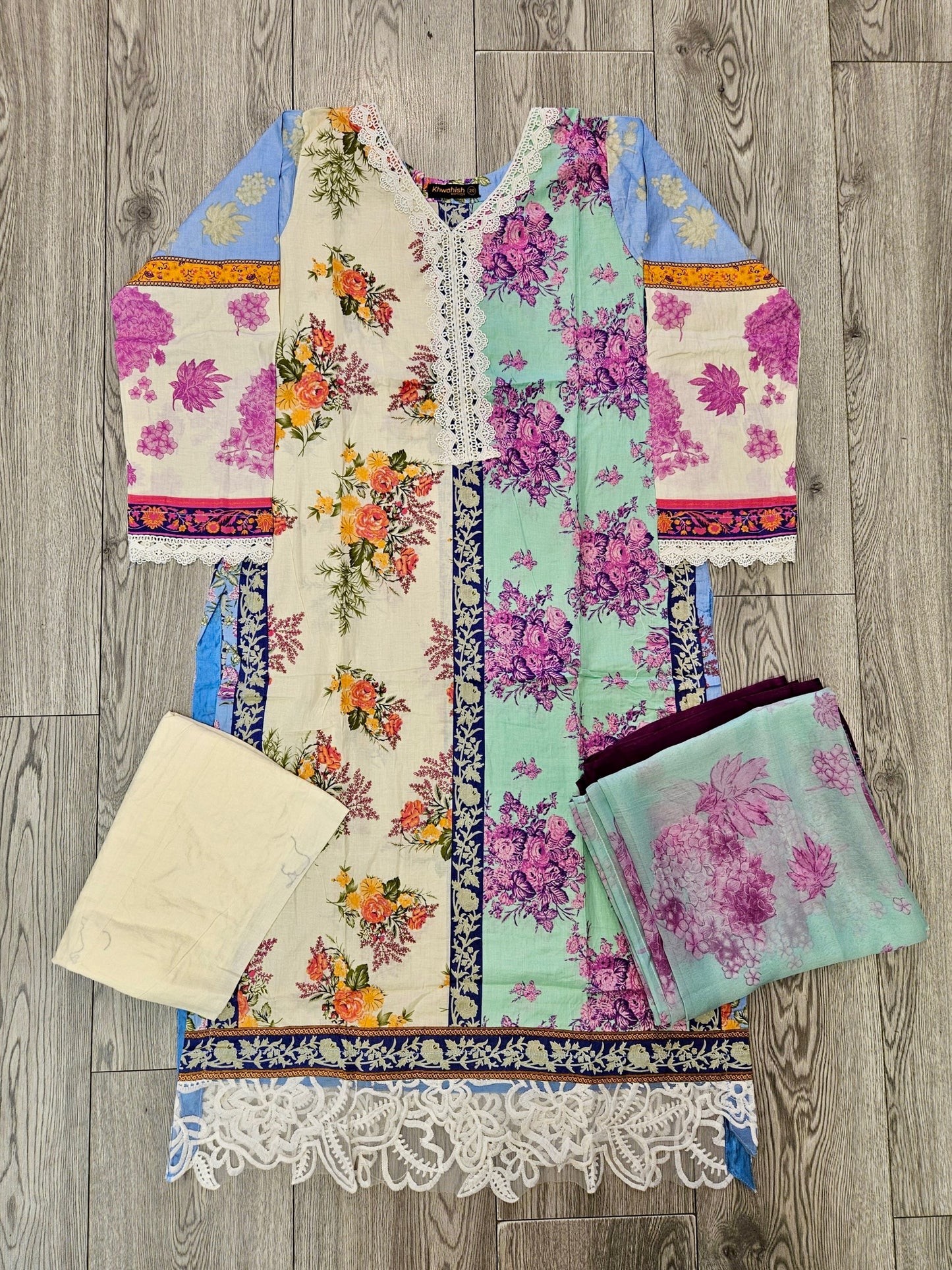 SS cream white and seafoam green colour floral print cotton shalwar kameez