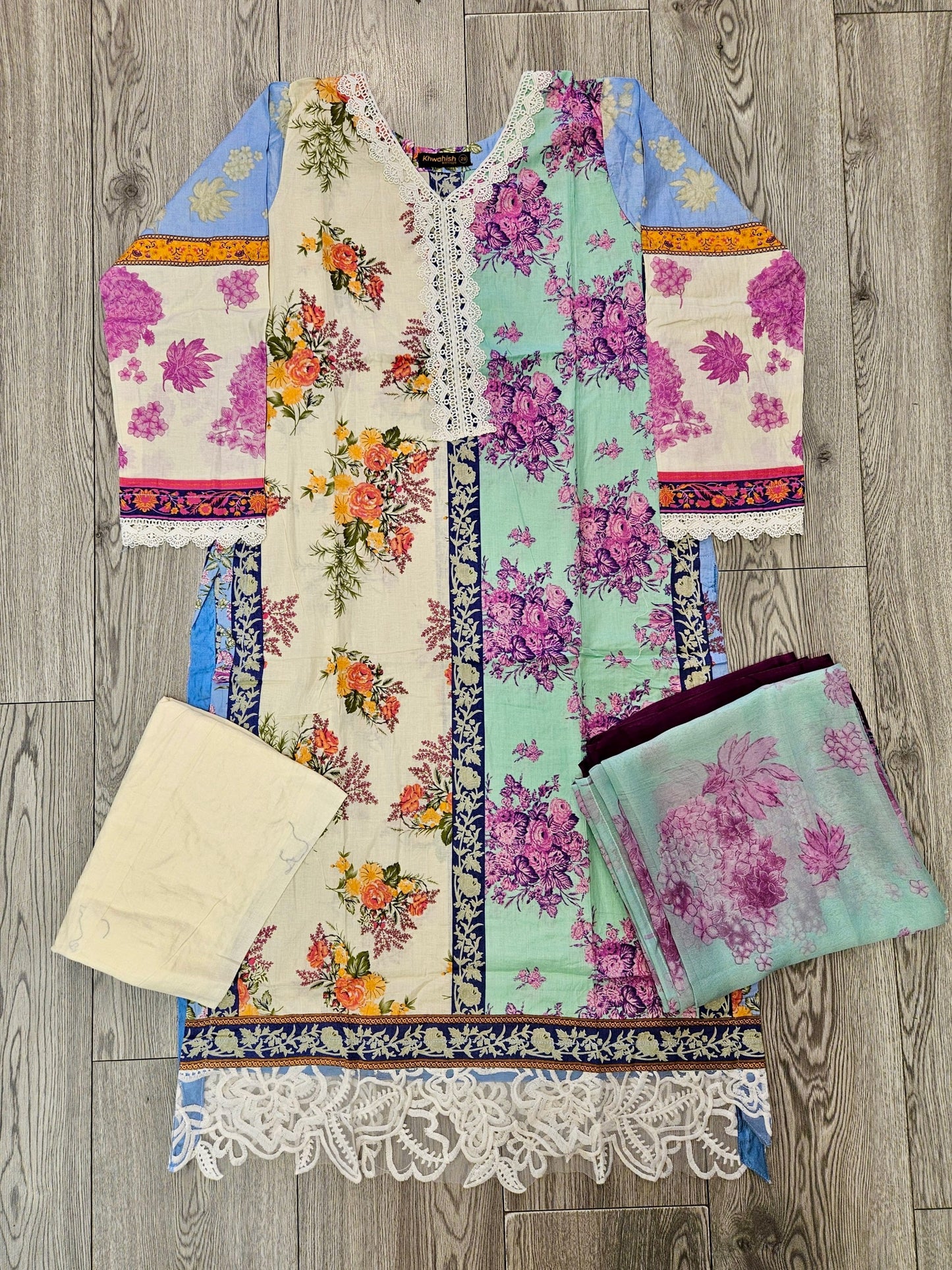 SS cream white and seafoam green colour floral print cotton shalwar kameez