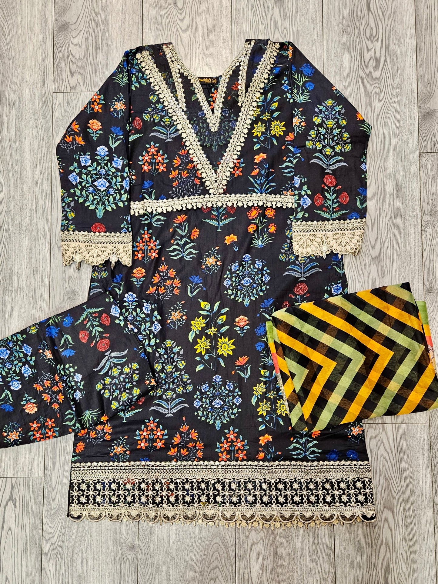 MB black and cobalt blue colour floral print cotton shalwar kameez