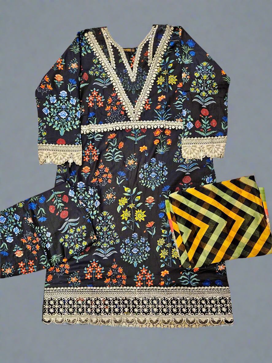 MB black and cobalt blue colour floral print cotton shalwar kameez