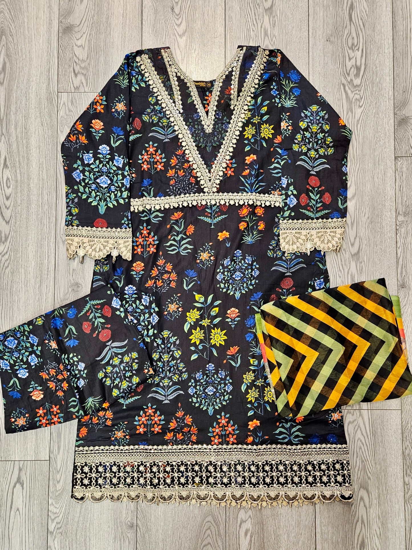 MB black and cobalt blue colour floral print cotton shalwar kameez