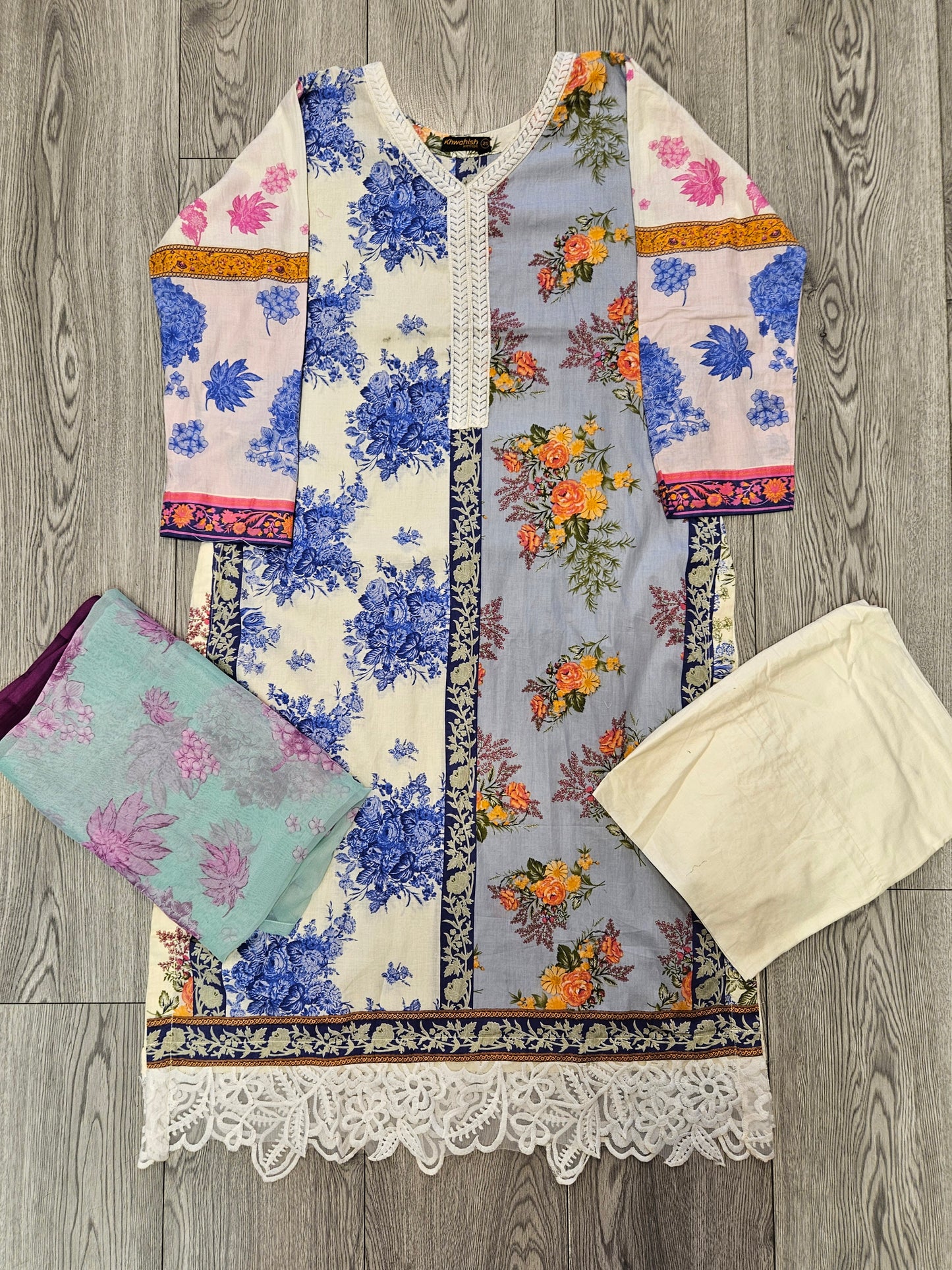 SS white and blue floral print cotton shalwar kameez