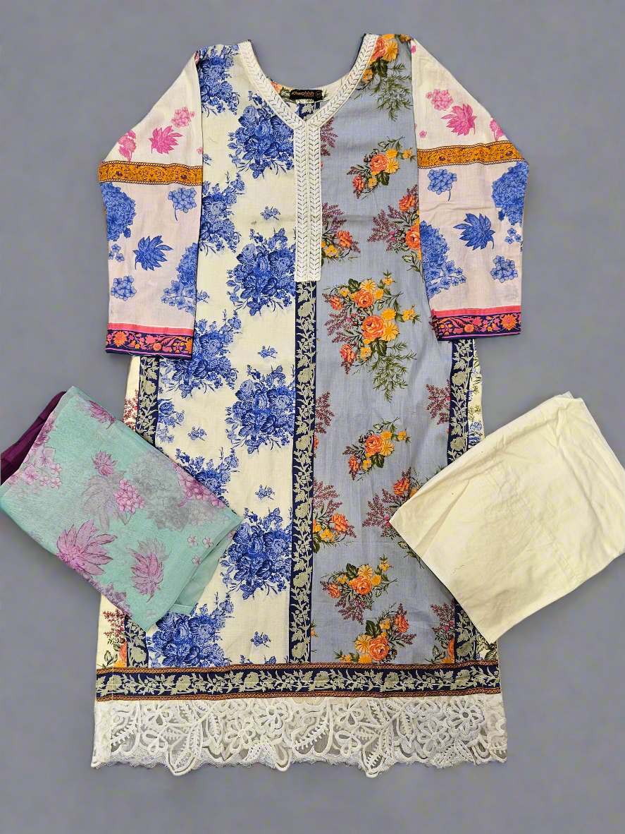 SS white and blue floral print cotton shalwar kameez
