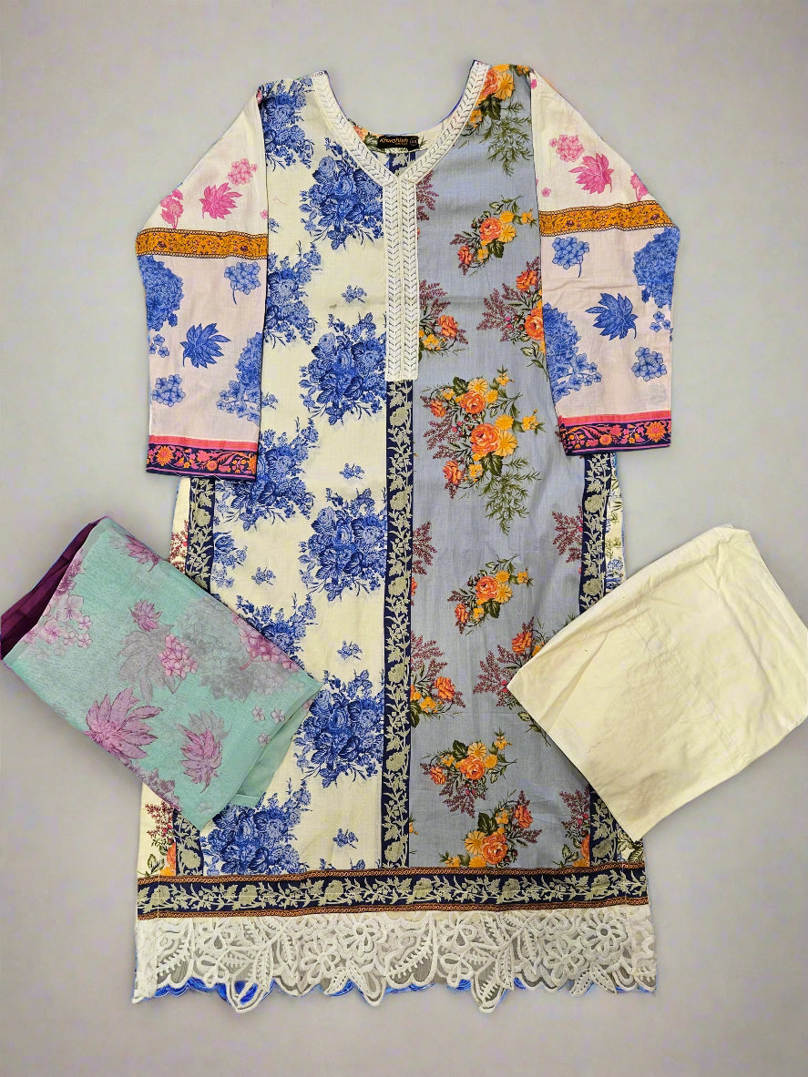SS white and blue floral print cotton shalwar kameez