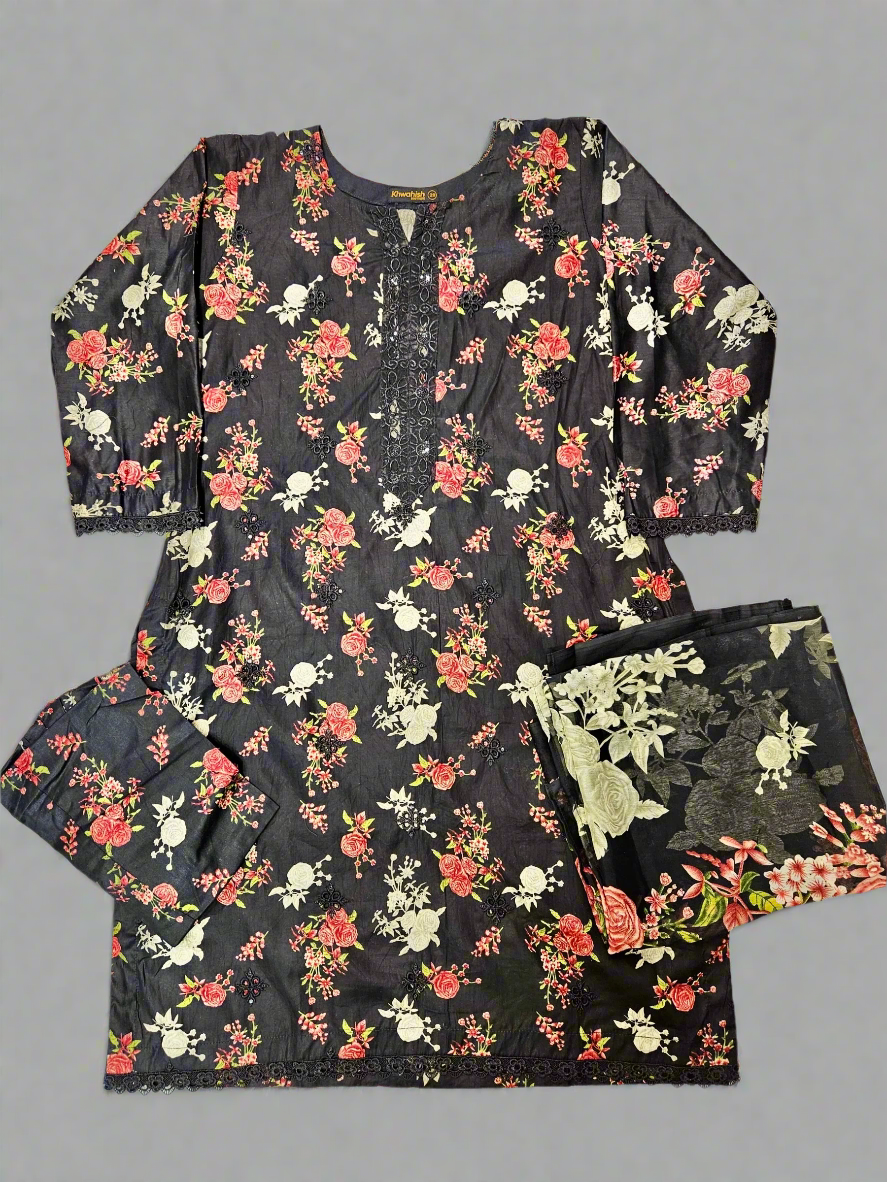 IZK black and crimson red colour floral print cotton shalwar kameez