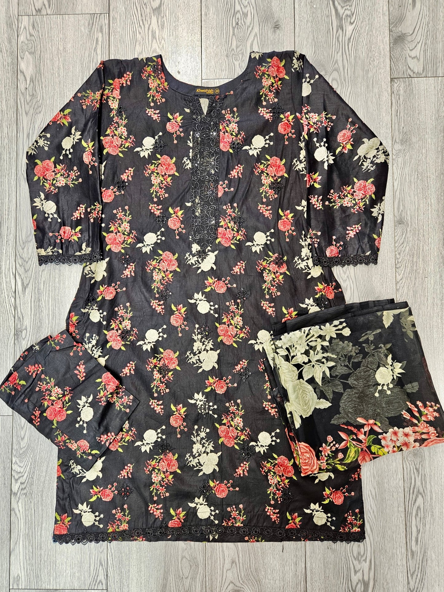 IZK black and crimson red colour floral print cotton shalwar kameez