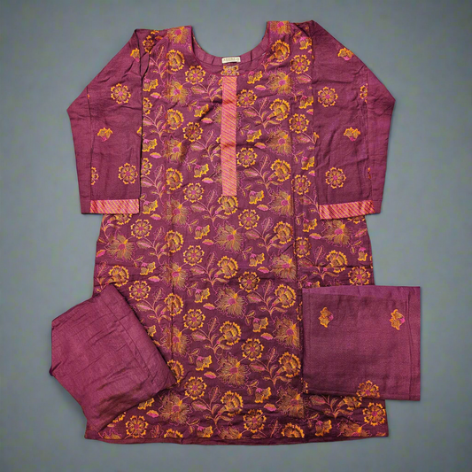 Royal Harvest: Plum Magenta & Orange Bareeze Embroidered Dhanak Suit (Small-7XL)