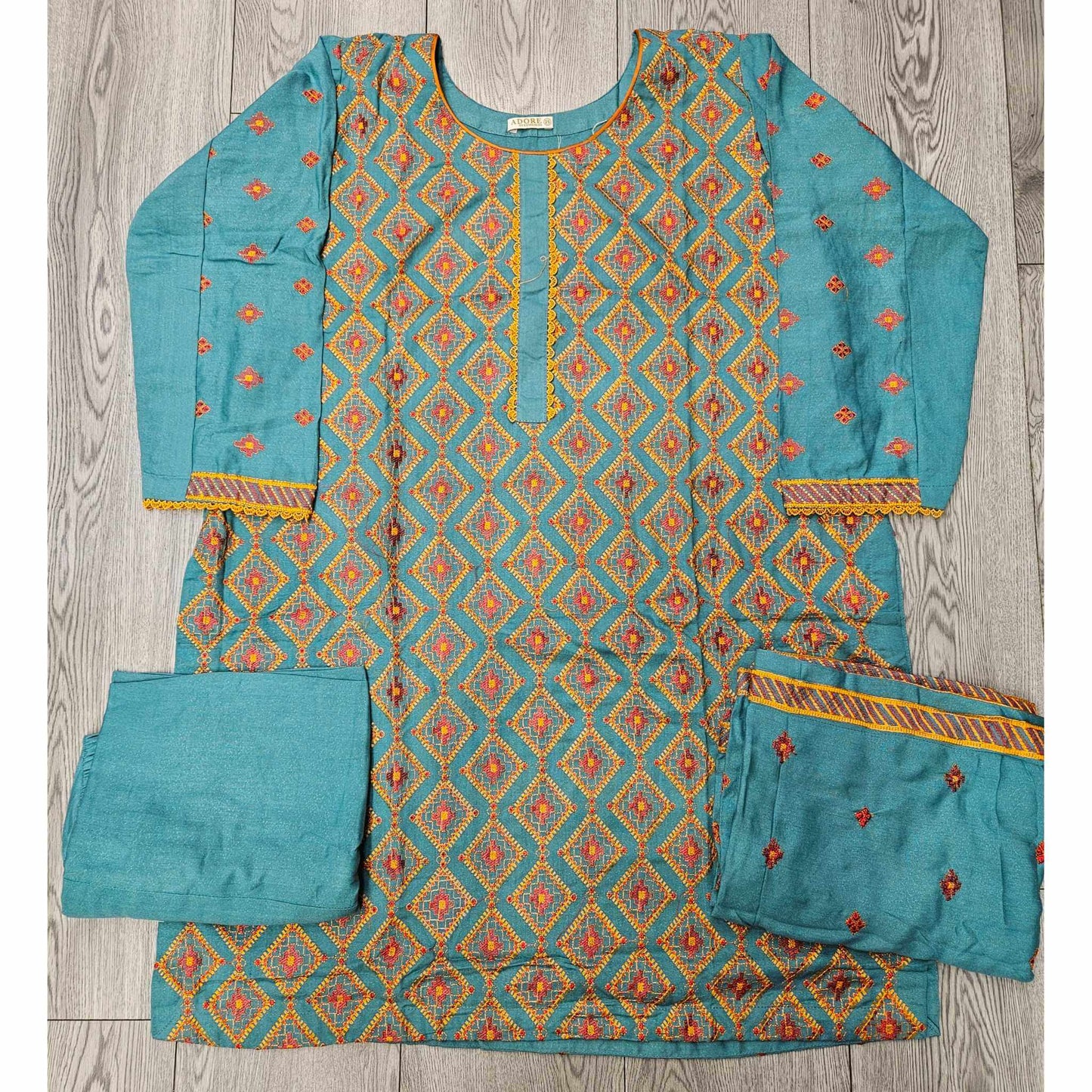 Azure Flame: Turquoise Blue & Orange Bareeze Embroidered Dhanak Suit (Small-7XL)