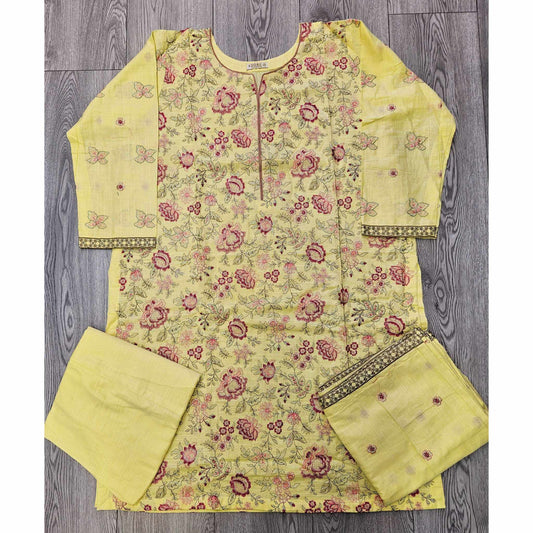 Sunny Blossom: Light Yellow & Pink Bareeze Embroidered Khaddar Suit (Small-7XL)
