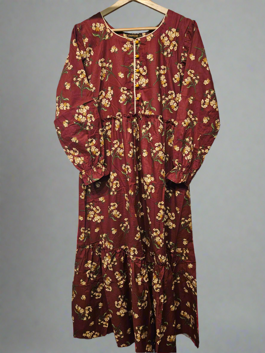Women's Casual Cotton Dress - Maroon and Beige Floral Print Summer Holiday Vacation Dress