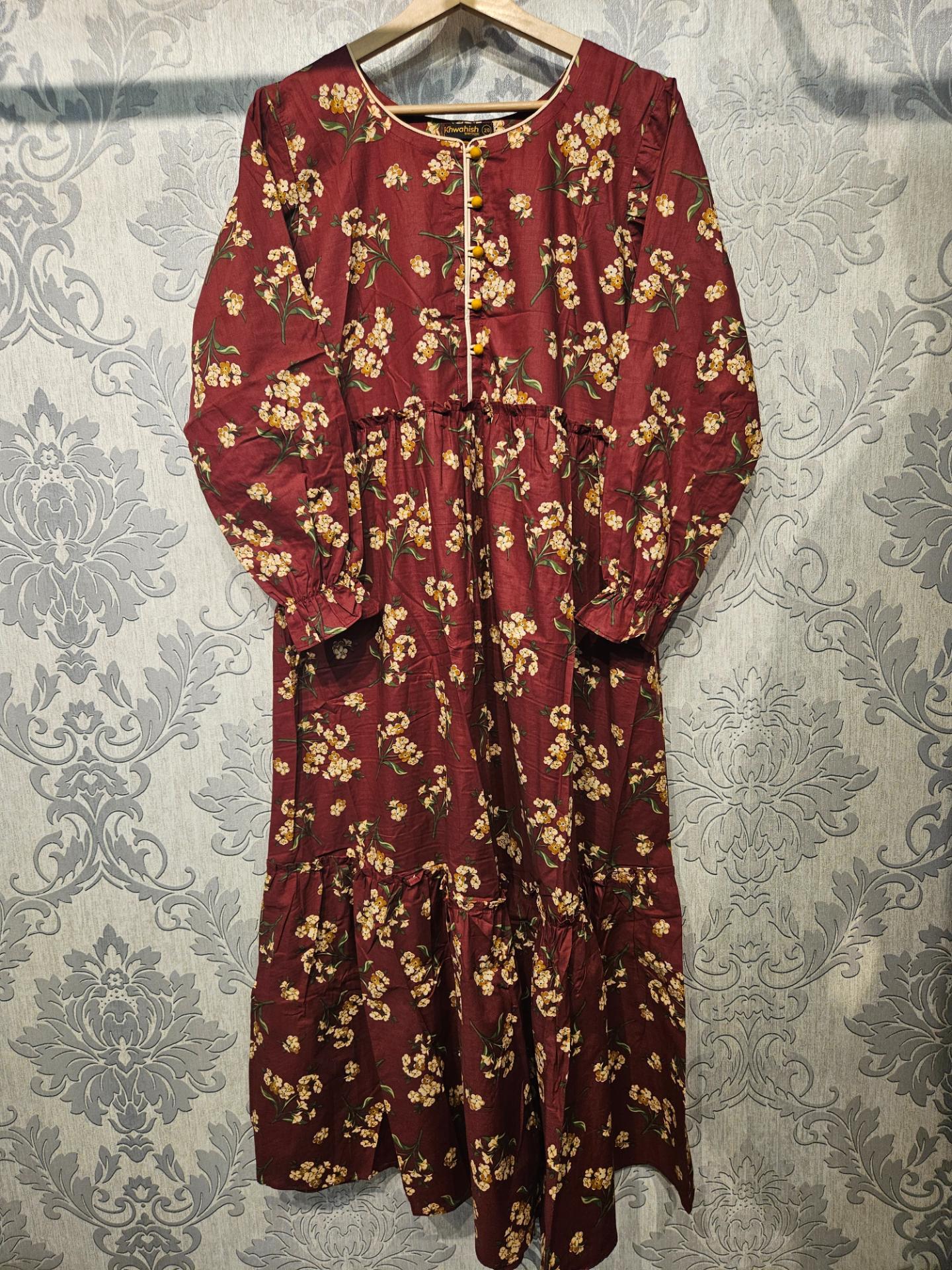 Women's Casual Cotton Dress - Maroon and Beige Floral Print Summer Holiday Vacation Dress
