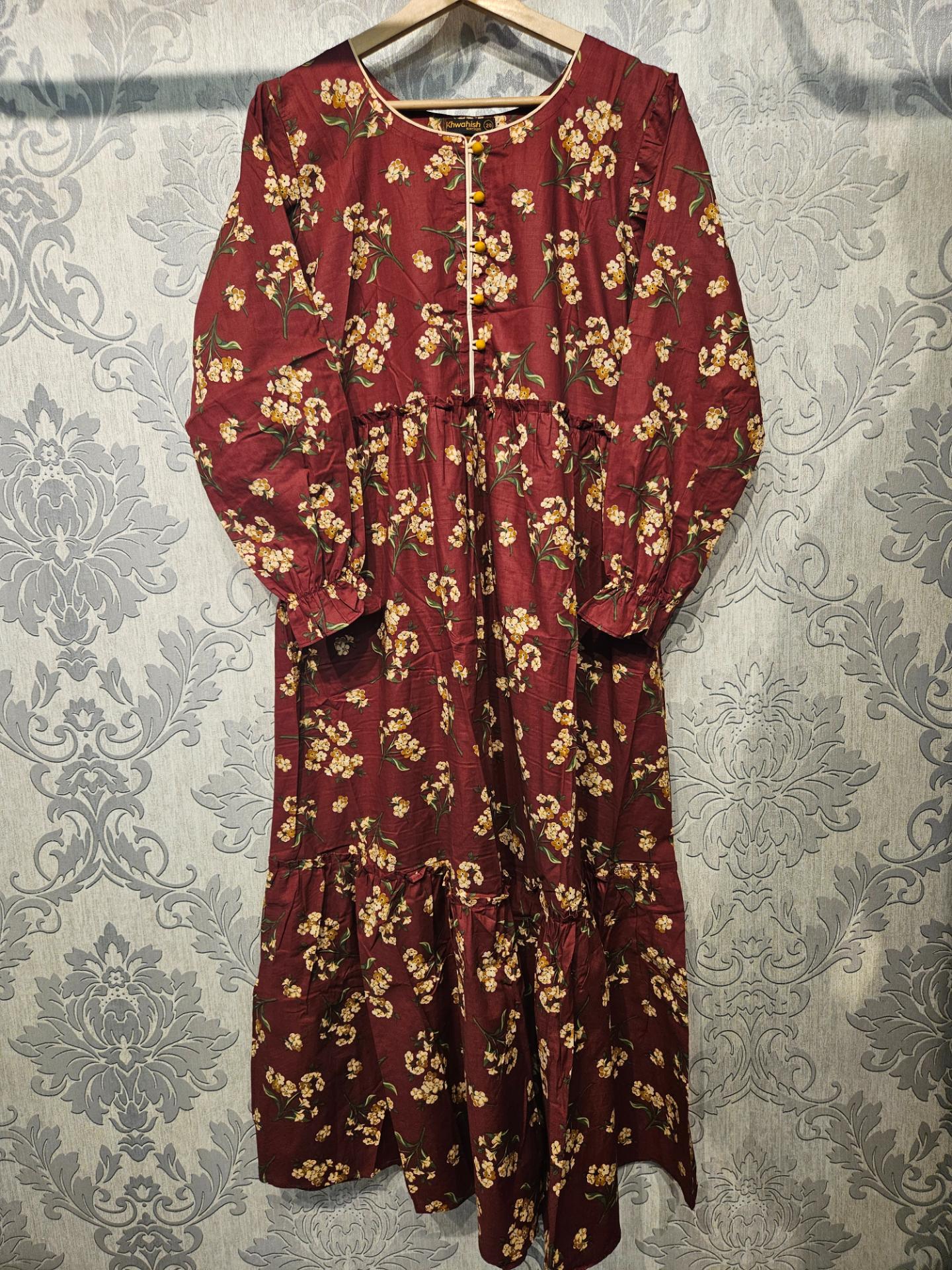 Women's Casual Cotton Dress - Maroon and Beige Floral Print Summer Holiday Vacation Dress
