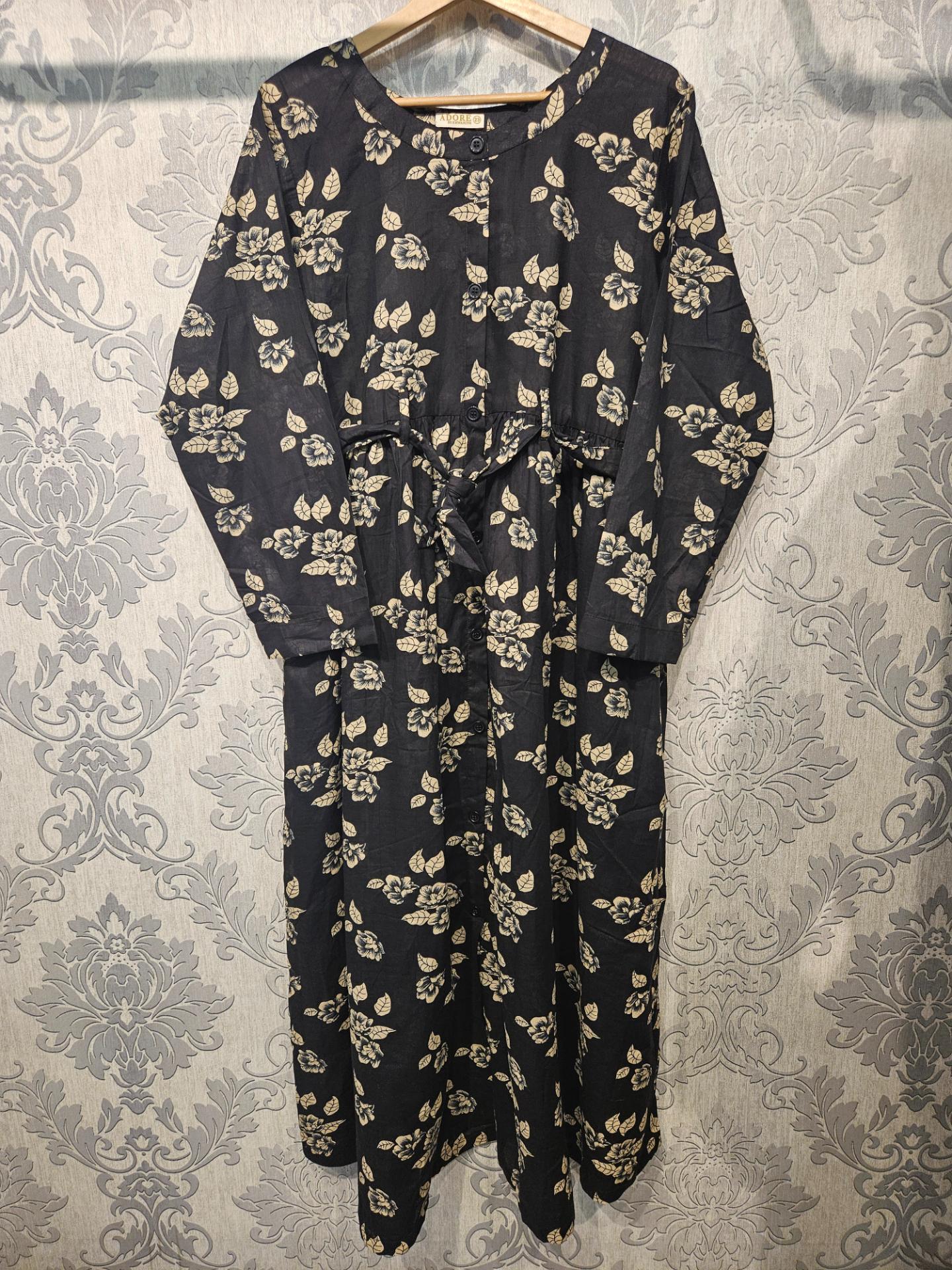 Women's Casual Cotton Dress - Black and Cream Floral Print Summer Holiday Vacation Dress