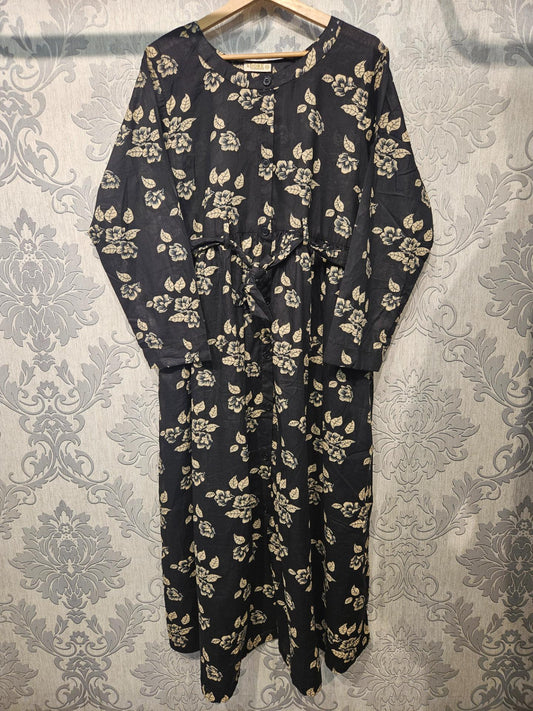 Women's Casual Cotton Dress - Black and Cream Floral Print Summer Holiday Vacation Dress