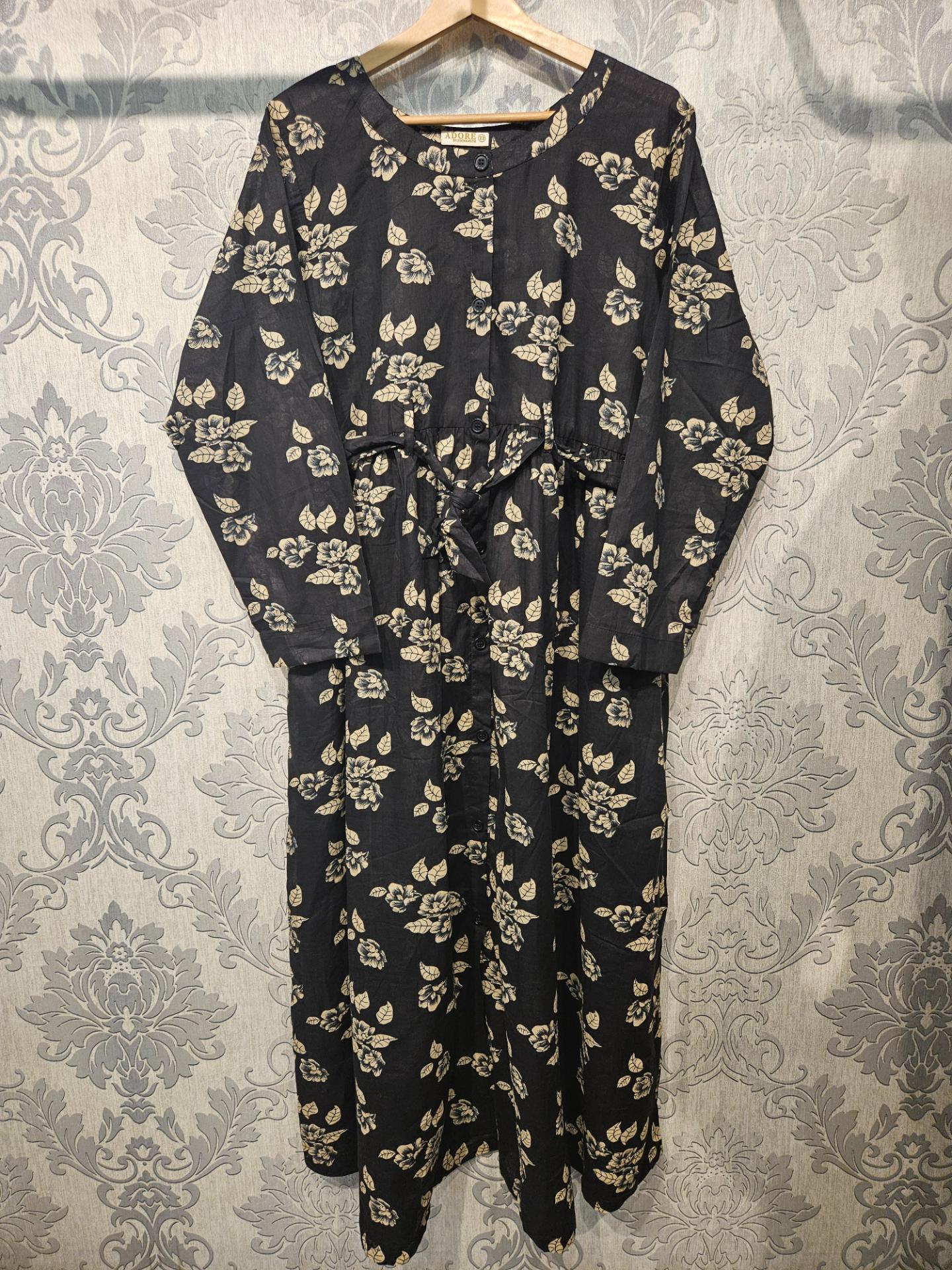 Women's Casual Cotton Dress - Black and Cream Floral Print Summer Holiday Vacation Dress