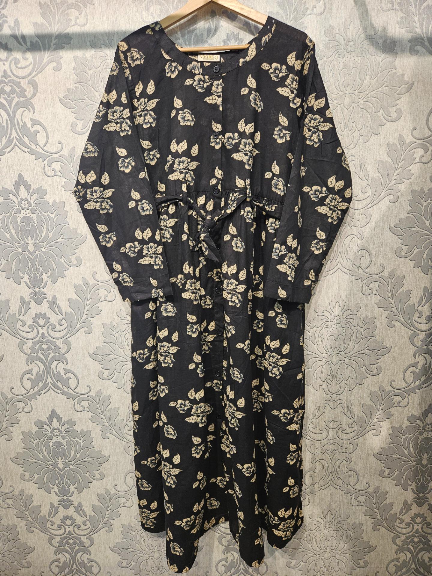 Women's Casual Cotton Dress - Black and Cream Floral Print Summer Holiday Vacation Dress