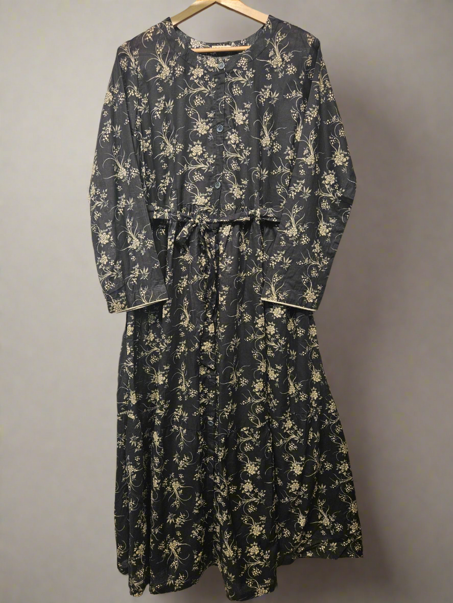 Women's Casual Cotton Dress - Black and Beige Floral Print Summer Holiday Vacation Dress