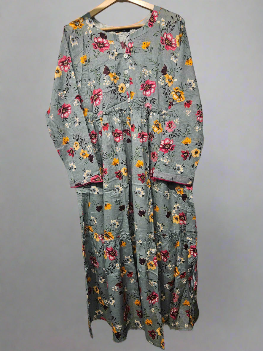 Women's Casual Cotton Dress - Sage and Peach Floral Print Summer Holiday Vacation Dress