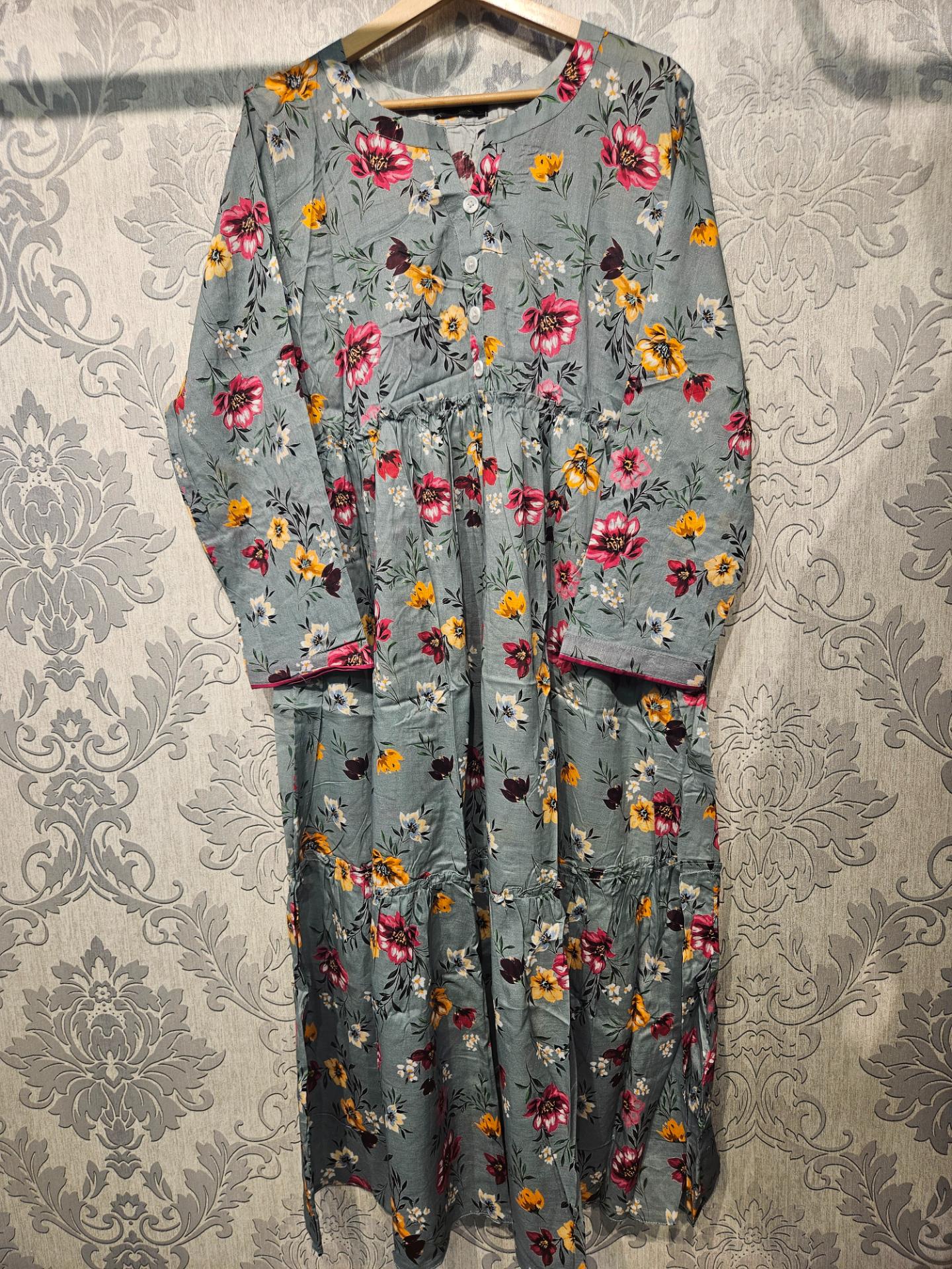 Women's Casual Cotton Dress - Sage and Peach Floral Print Summer Holiday Vacation Dress