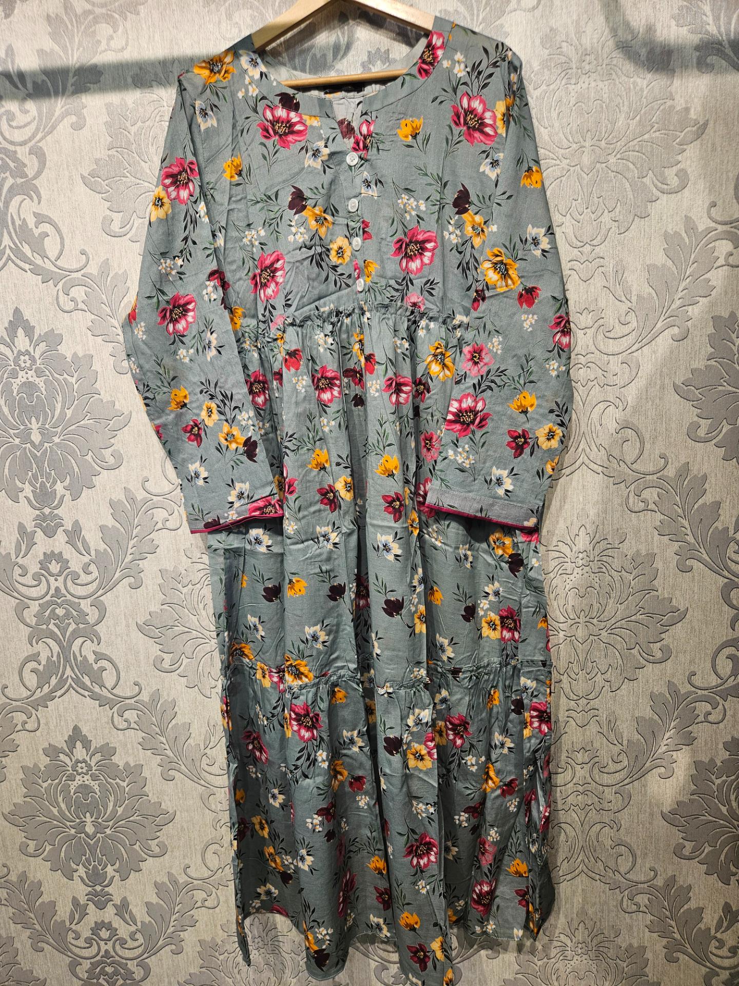 Women's Casual Cotton Dress - Sage and Peach Floral Print Summer Holiday Vacation Dress