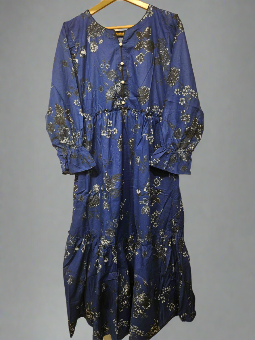 Women's Casual Cotton Dress - Navy Blue and Grey Floral Print Summer Holiday Vacation Dress
