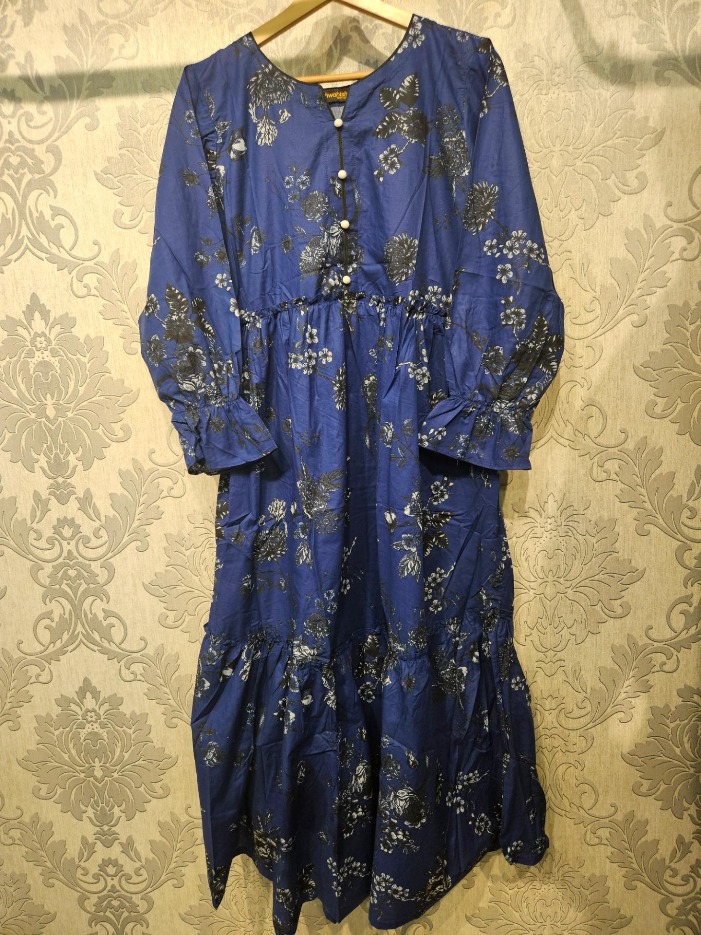 Women's Casual Cotton Dress - Navy Blue and Grey Floral Print Summer Holiday Vacation Dress