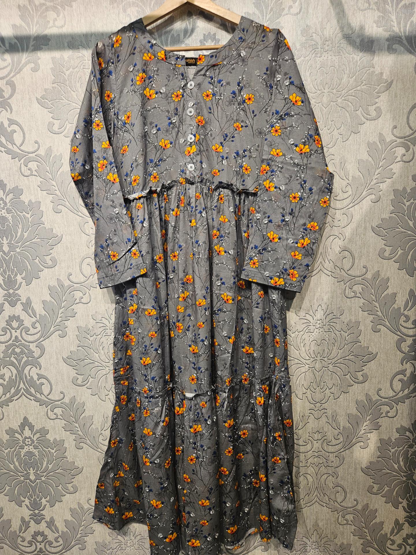 Women's Casual Cotton Dress - Grey Blue Orange Floral Print Summer Holiday Vacation Dress