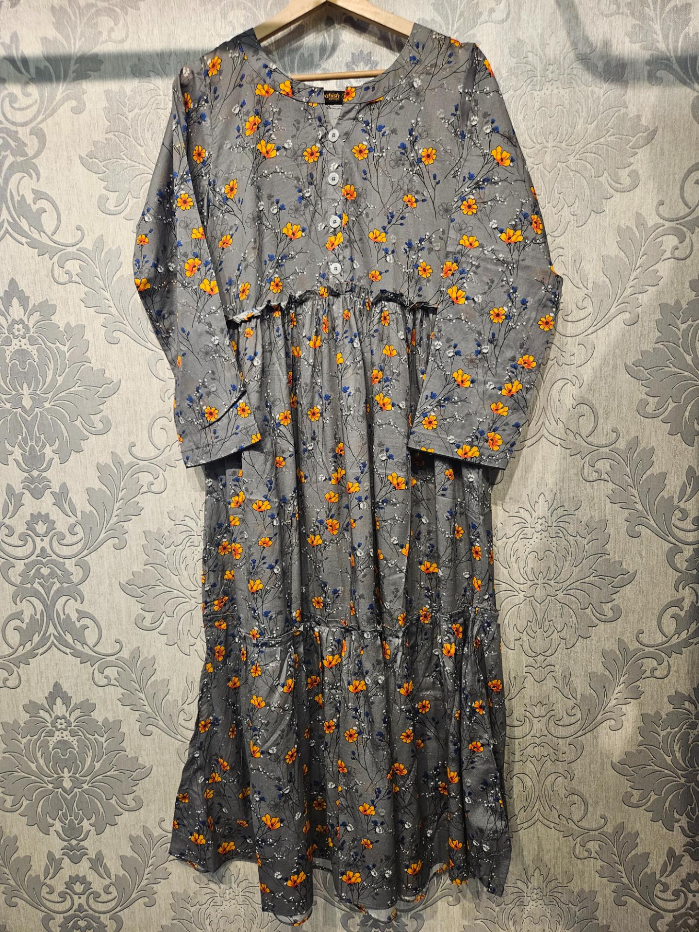 Women's Casual Cotton Dress - Grey Blue Orange Floral Print Summer Holiday Vacation Dress