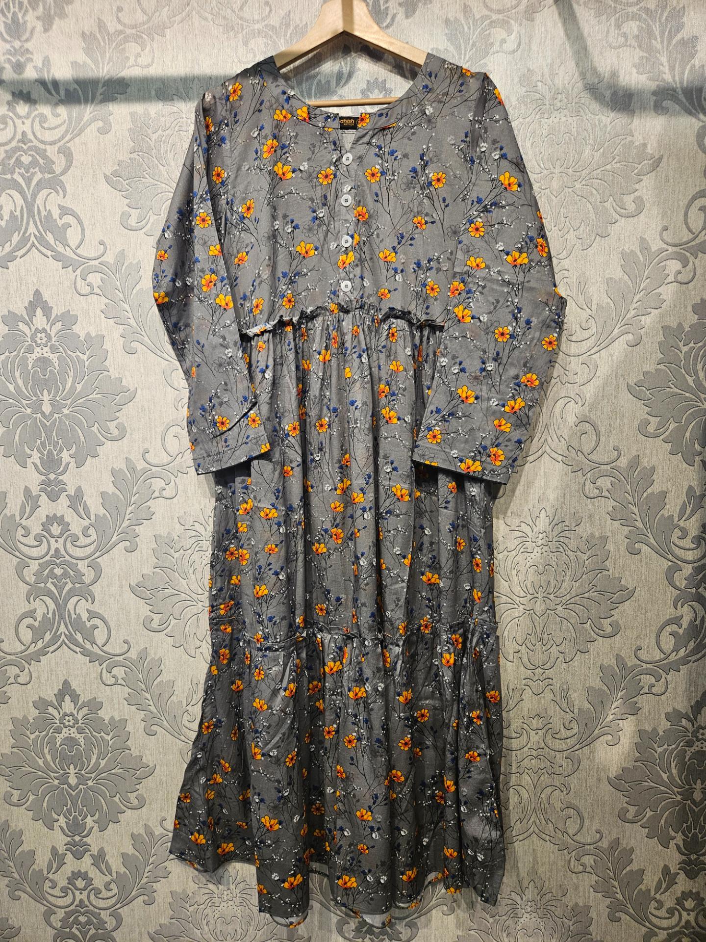 Women's Casual Cotton Dress - Grey Blue Orange Floral Print Summer Holiday Vacation Dress