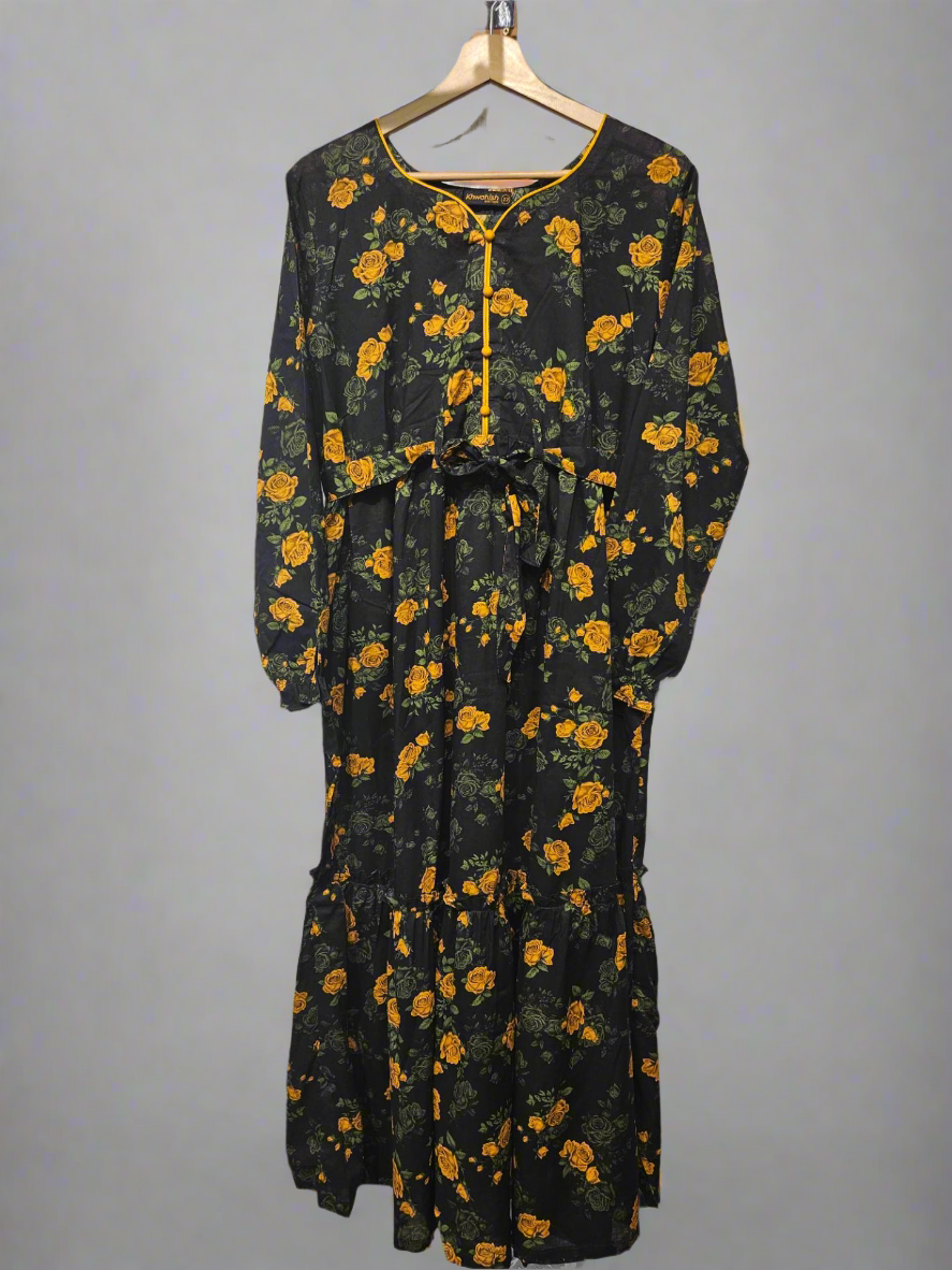 Women's Casual Cotton Dress - Black Beige Green Floral Print Summer Holiday Vacation Dress