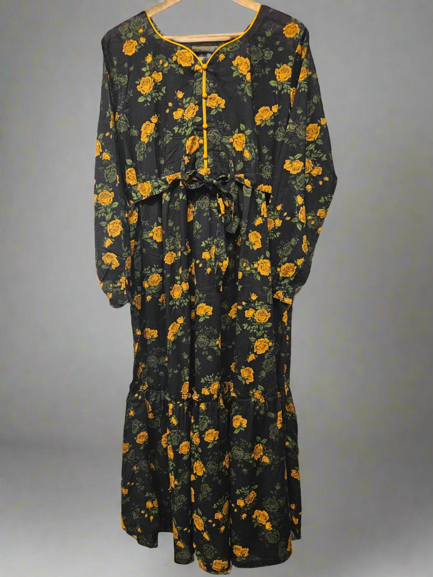 Women's Casual Cotton Dress Black Beige Green Floral Print