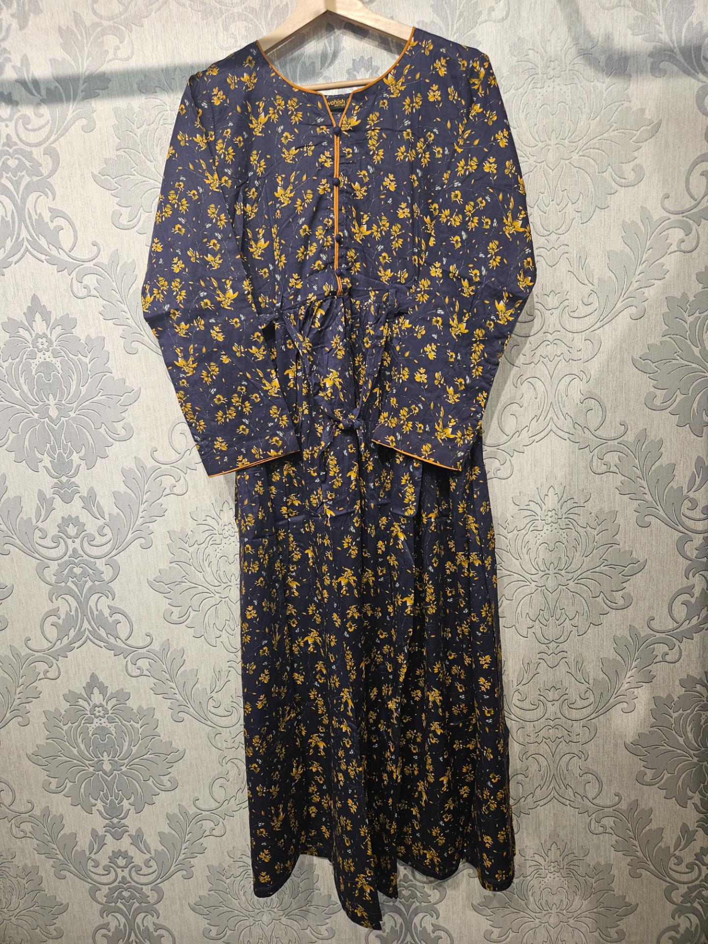 Women's Casual Cotton Dress - Navy Blue & Yellow Floral Print Summer Holiday Vacation Dress