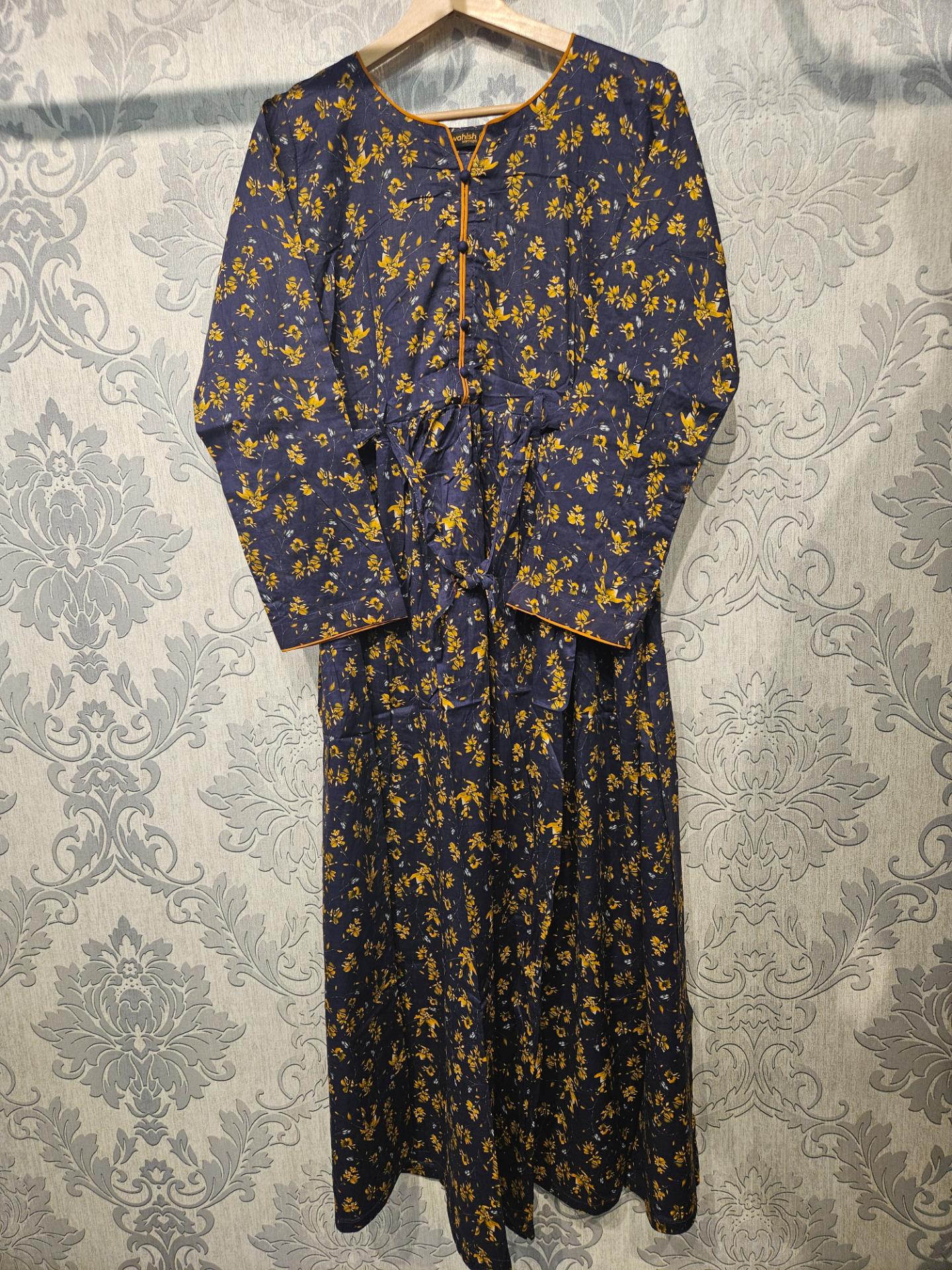 Women's Casual Cotton Dress - Navy Blue & Yellow Floral Print Summer Holiday Vacation Dress
