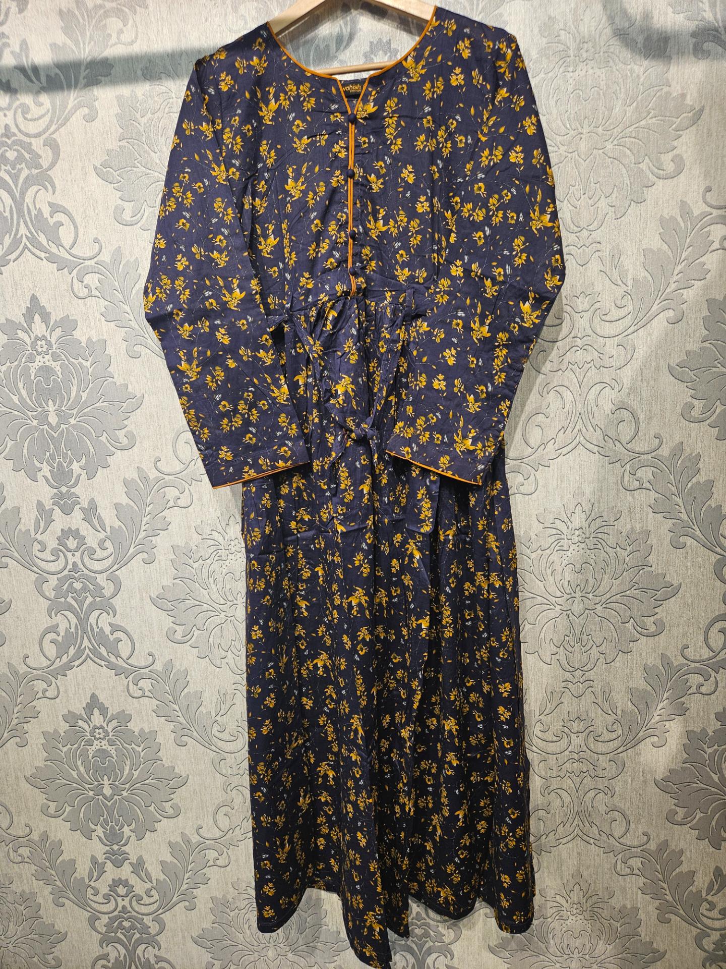 Women's Casual Cotton Dress - Navy Blue & Yellow Floral Print Summer Holiday Vacation Dress