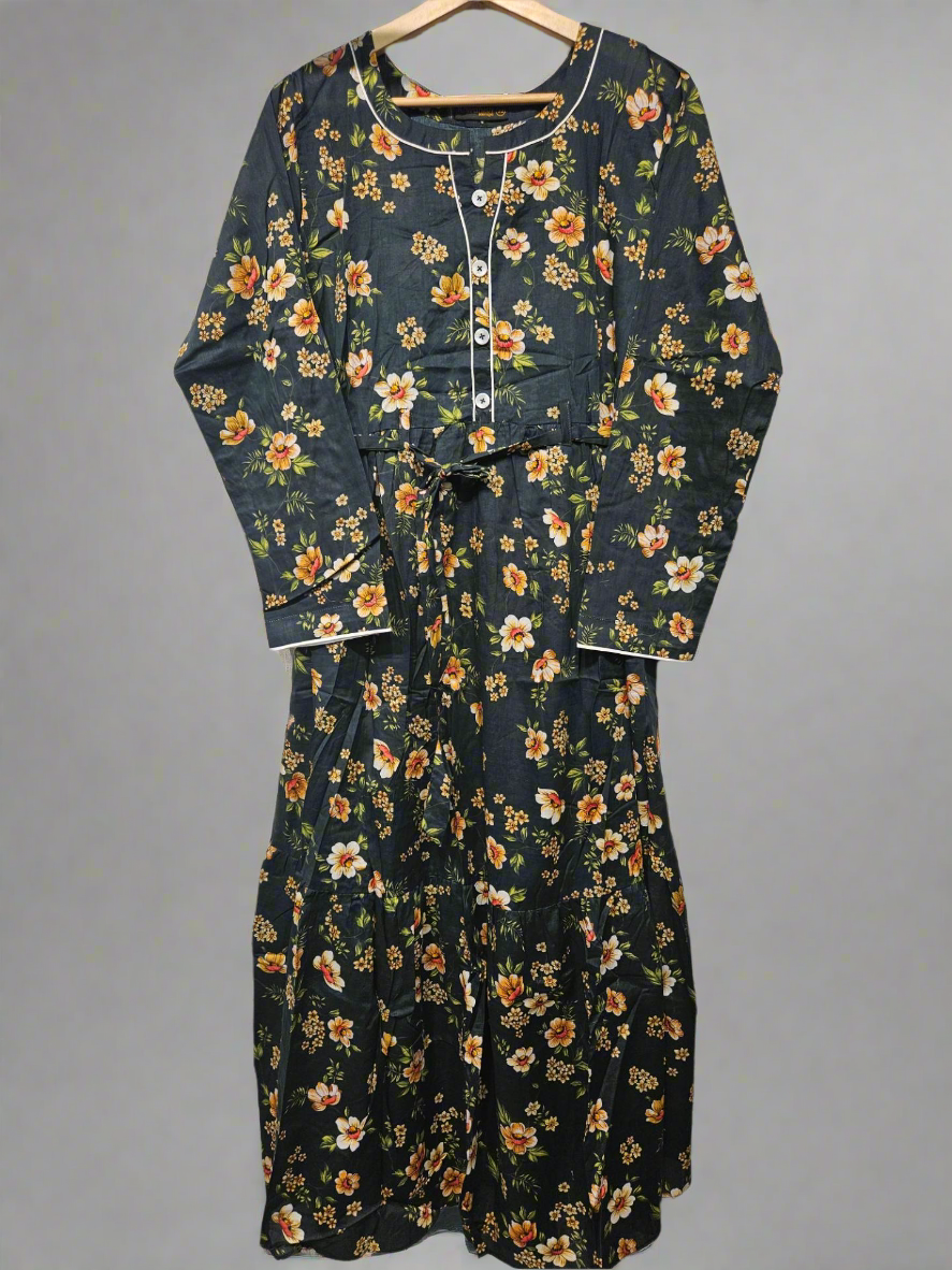 Women's Casual Cotton Dress - Charcoal and Brown Floral Print Summer Holiday Vacation Dress