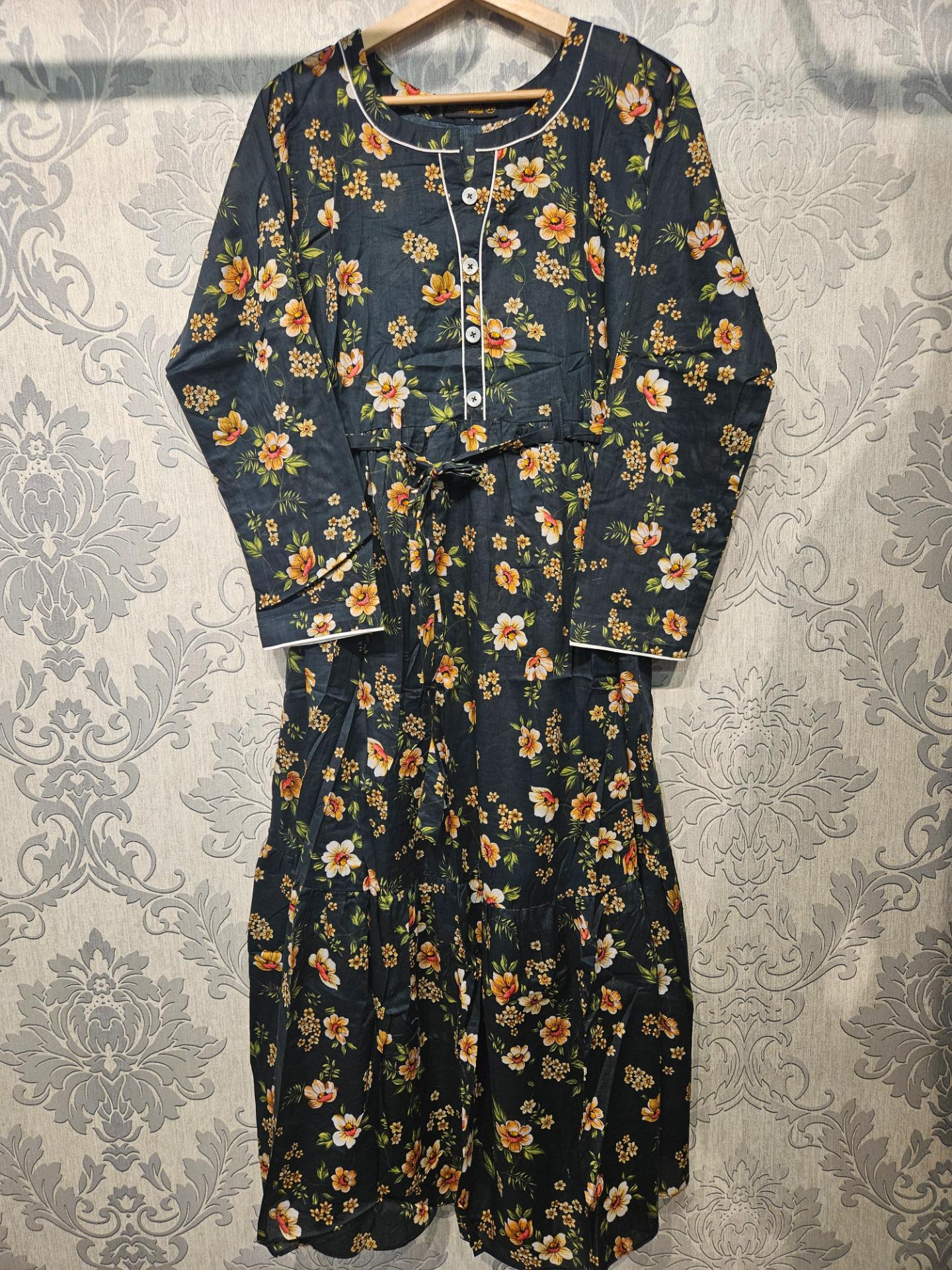 Women's Casual Cotton Dress - Charcoal and Brown Floral Print Summer Holiday Vacation Dress