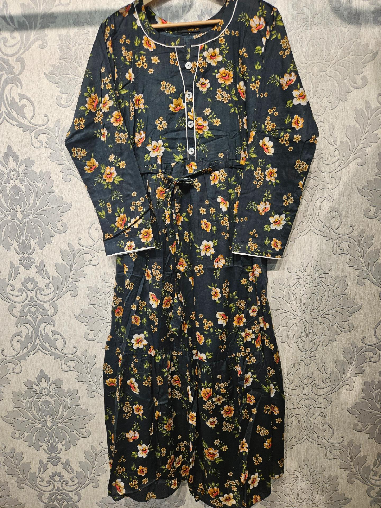 Women's Casual Cotton Dress - Charcoal and Brown Floral Print Summer Holiday Vacation Dress