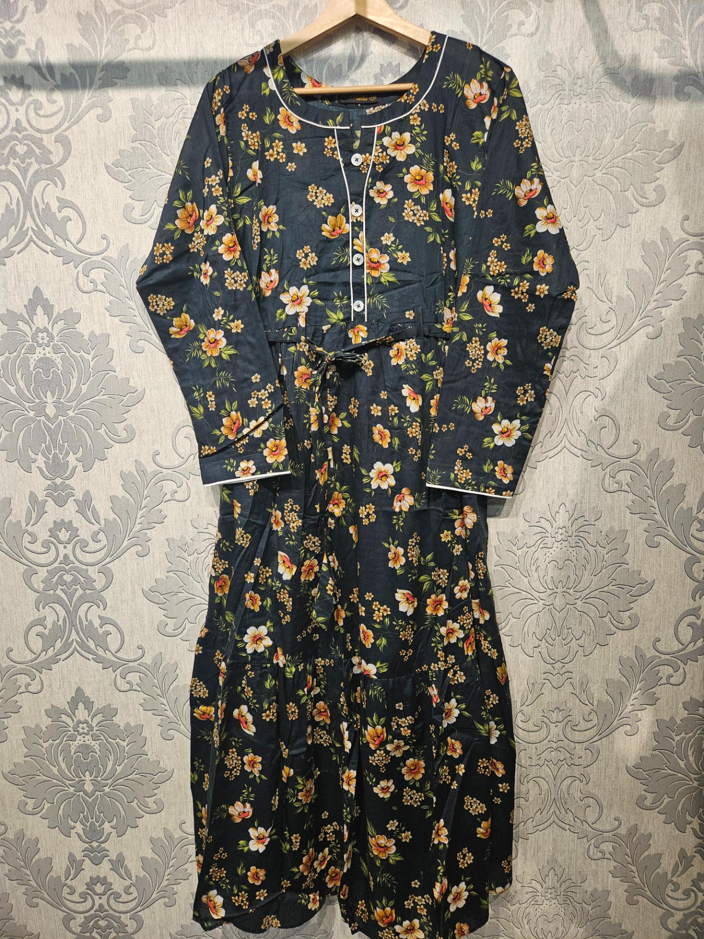 Women's Casual Cotton Dress - Charcoal and Brown Floral Print Summer Holiday Vacation Dress
