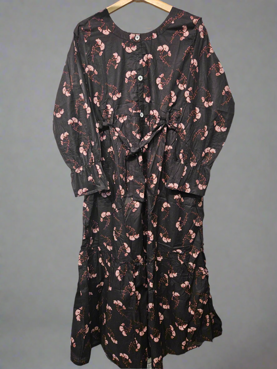 Women's Casual Cotton Dress - Black and Lilac Floral Print Summer Holiday Vacation Dress